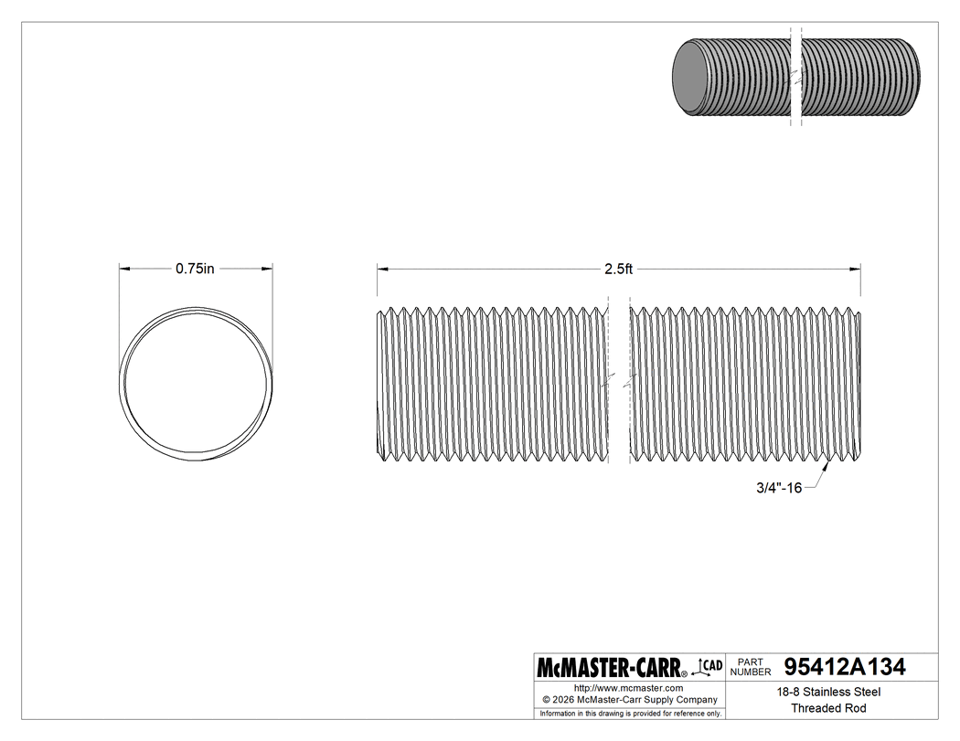 Technical Drawing of 18-8 Stainless Steel Threaded Rod, 3/4"-16 Thread Size, 2-1/2 Feet Long.